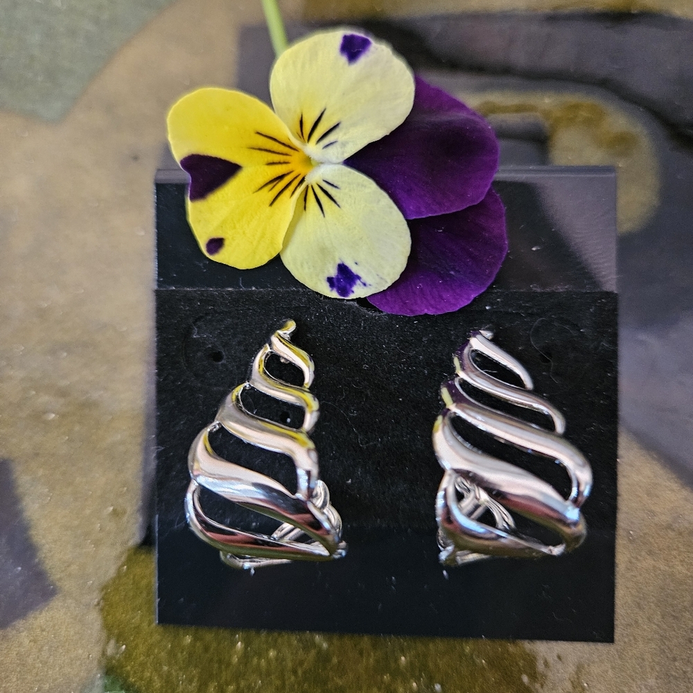 Monet Earrings Silvertone Half Hoops NWOT - Picture 2 of 8